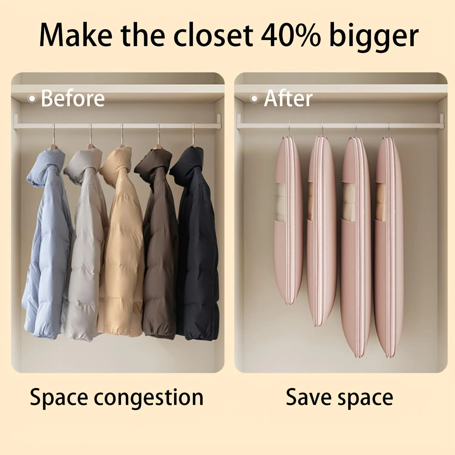 2 Pcs Space Saving Hanging Garment Bag with Self Compression Zipper Dust Cover Bags for Down Coat,Garment Bags for Hanging Clothes for Closet Storage (Beige,S)