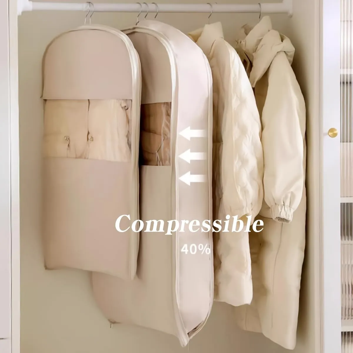 2 Pcs Space Saving Hanging Garment Bag with Self Compression Zipper Dust Cover Bags for Down Coat,Garment Bags for Hanging Clothes for Closet Storage (Beige,S)