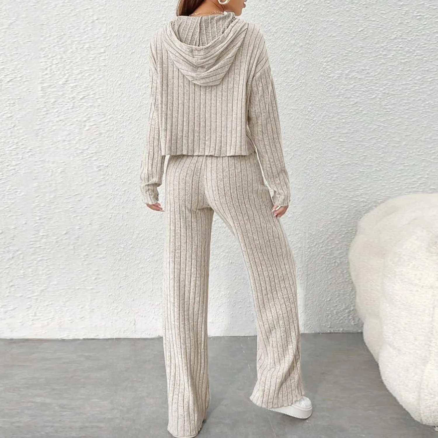 2 Piece Knit Outfits for Women 2024 Fall Long Sleeve Hoodie and High Elastic Waist Long Pants Solid Loungewear Sets