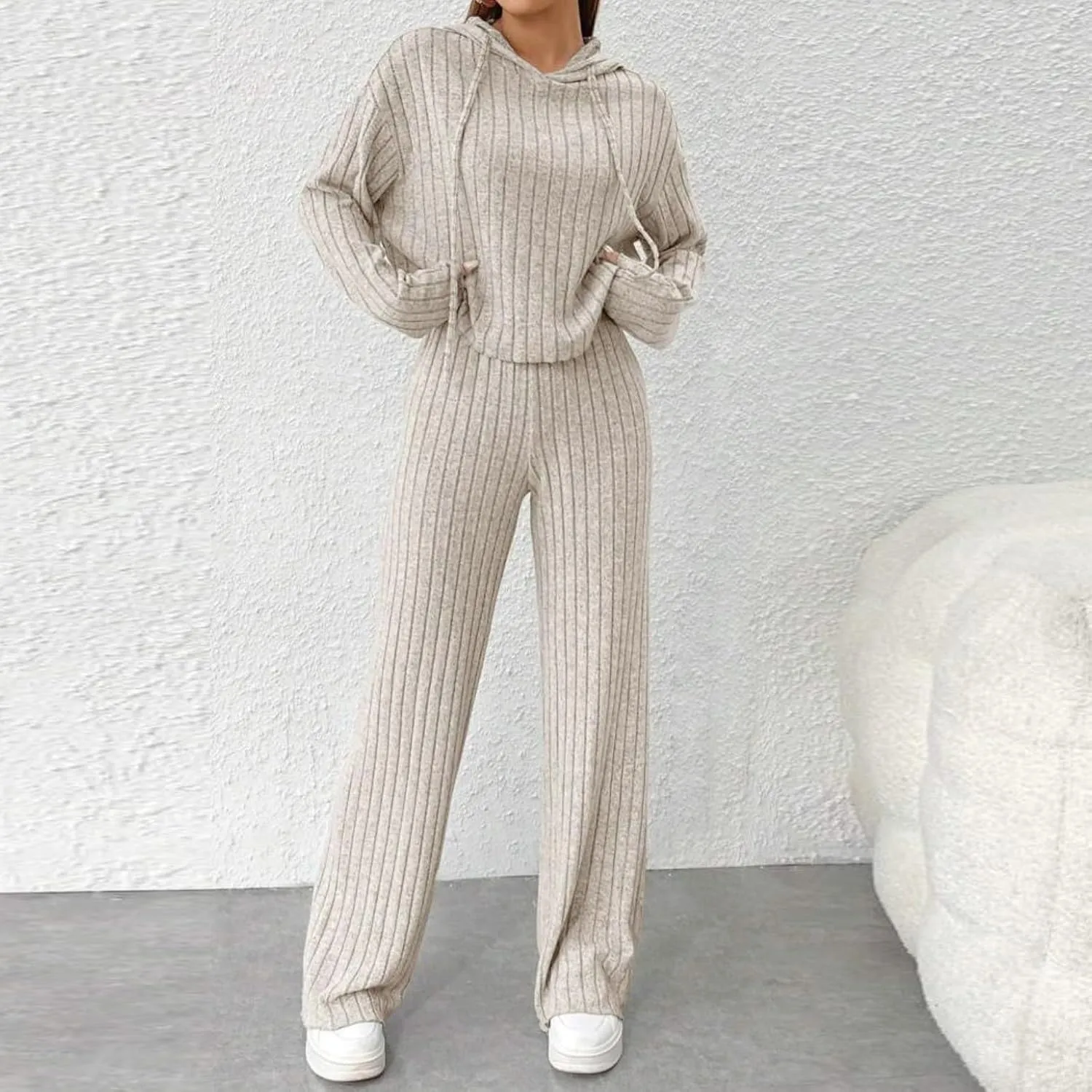 2 Piece Knit Outfits for Women 2024 Fall Long Sleeve Hoodie and High Elastic Waist Long Pants Solid Loungewear Sets