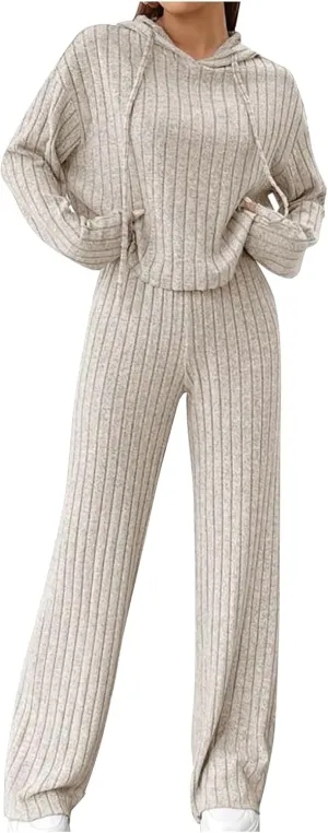 2 Piece Knit Outfits for Women 2024 Fall Long Sleeve Hoodie and High Elastic Waist Long Pants Solid Loungewear Sets