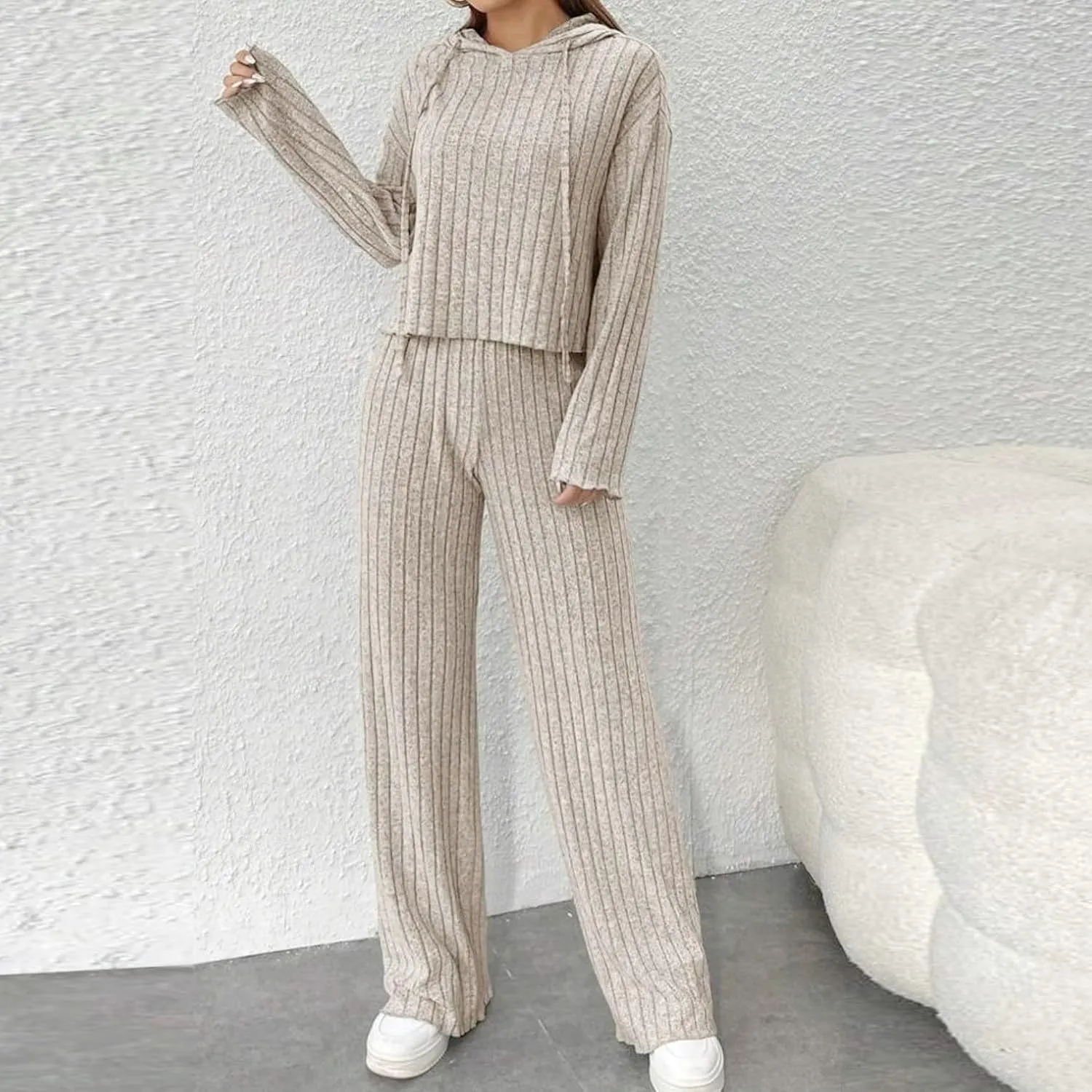2 Piece Knit Outfits for Women 2024 Fall Long Sleeve Hoodie and High Elastic Waist Long Pants Solid Loungewear Sets
