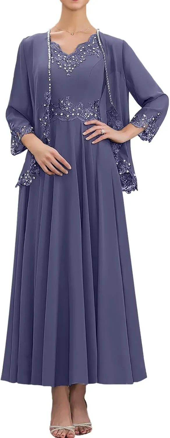 2 Piece Mother of The Bride Dresses with Jacket 3/4 Sleeve Chiffon Lace Sequin Evening Dresses for Women Wedding Guest