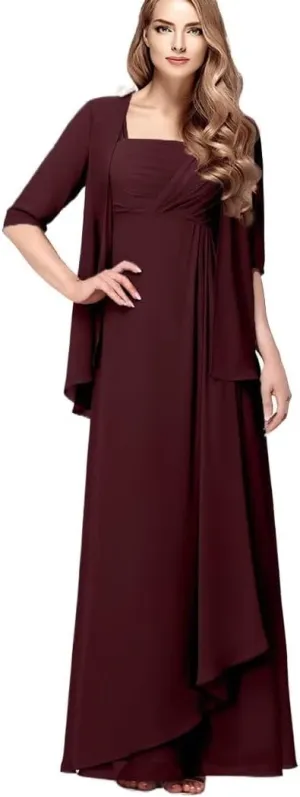 2 Piece Mother of The Bride Dresses with Jacket Chiffon Ruffle Wedding Mother of Groom Long Evening Gowns Half Sleeve