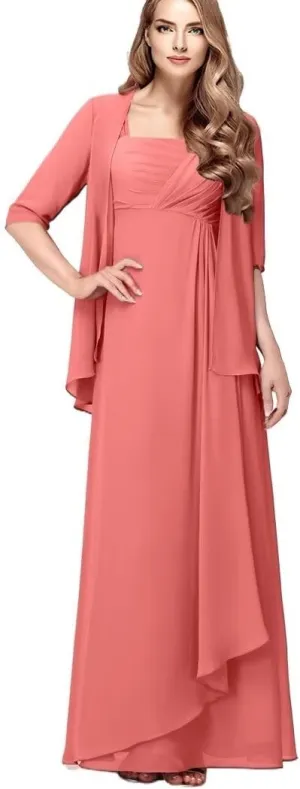 2 Piece Mother of The Bride Dresses with Jacket Chiffon Ruffle Wedding Mother of Groom Long Evening Gowns Half Sleeve