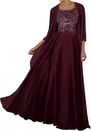 2 Piece Mother of The Bride Dresses with Jacket Long Chiffon Lace Mother of Groom Dresses for Wedding 3/4 Sleeve