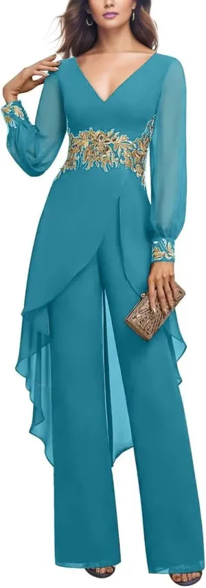 2 Pieces Chiffon Mother of The Bride Pant Suits for Wedding Beaded Formal Evening Dresses with Jacket