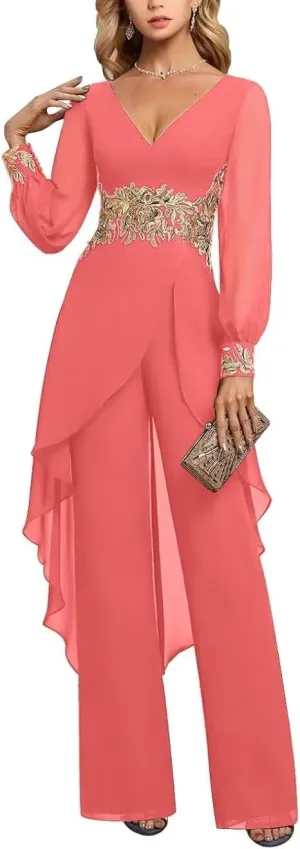 2 Pieces Chiffon Mother of The Bride Pant Suits for Wedding Beaded Formal Evening Dresses with Jacket