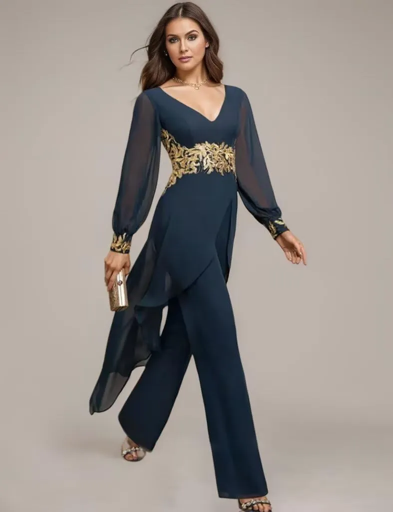 2 Pieces Chiffon Mother of The Bride Pant Suits for Wedding Beaded Formal Evening Dresses with Jacket