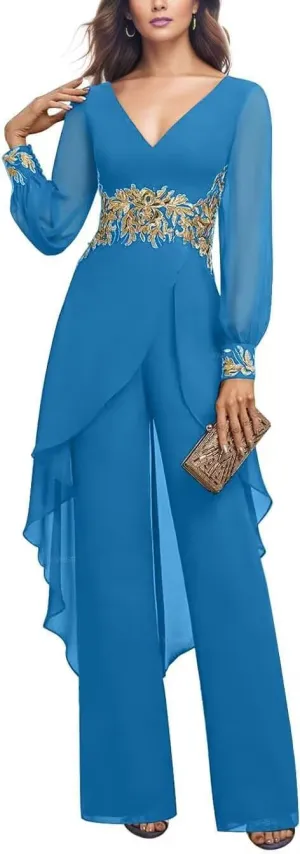 2 Pieces Chiffon Mother of The Bride Pant Suits for Wedding Beaded Formal Evening Dresses with Jacket