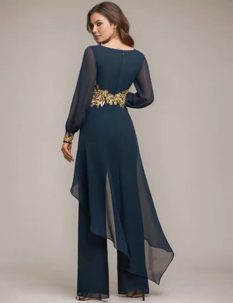 2 Pieces Chiffon Mother of The Bride Pant Suits for Wedding Beaded Formal Evening Dresses with Jacket