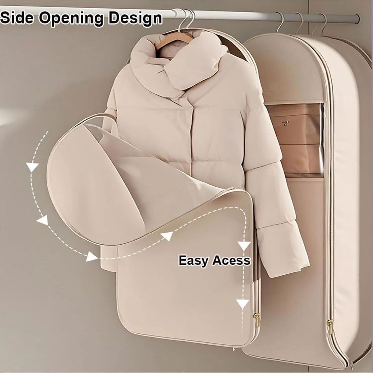 2025 Space Saving Hanging Garment Bag with Self Compression Zipper, Coat Storage Bag Hanging, Hanging Garment Bag, for Down Coat, For Closet Storage (Beige,M)