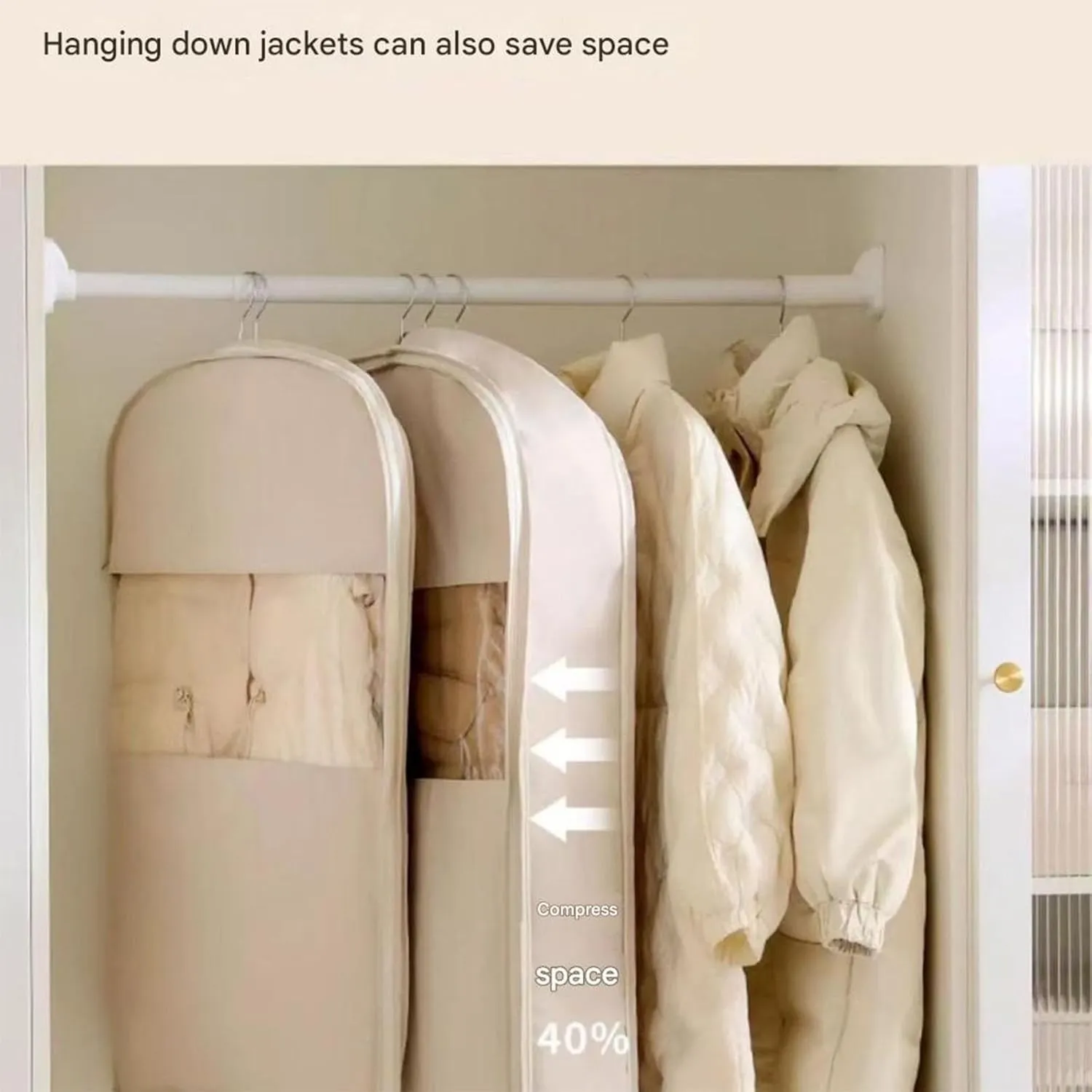 2025 Space Saving Hanging Garment Bag with Self Compression Zipper, Coat Storage Bag Hanging, Hanging Garment Bag, for Down Coat, For Closet Storage (Beige,M)
