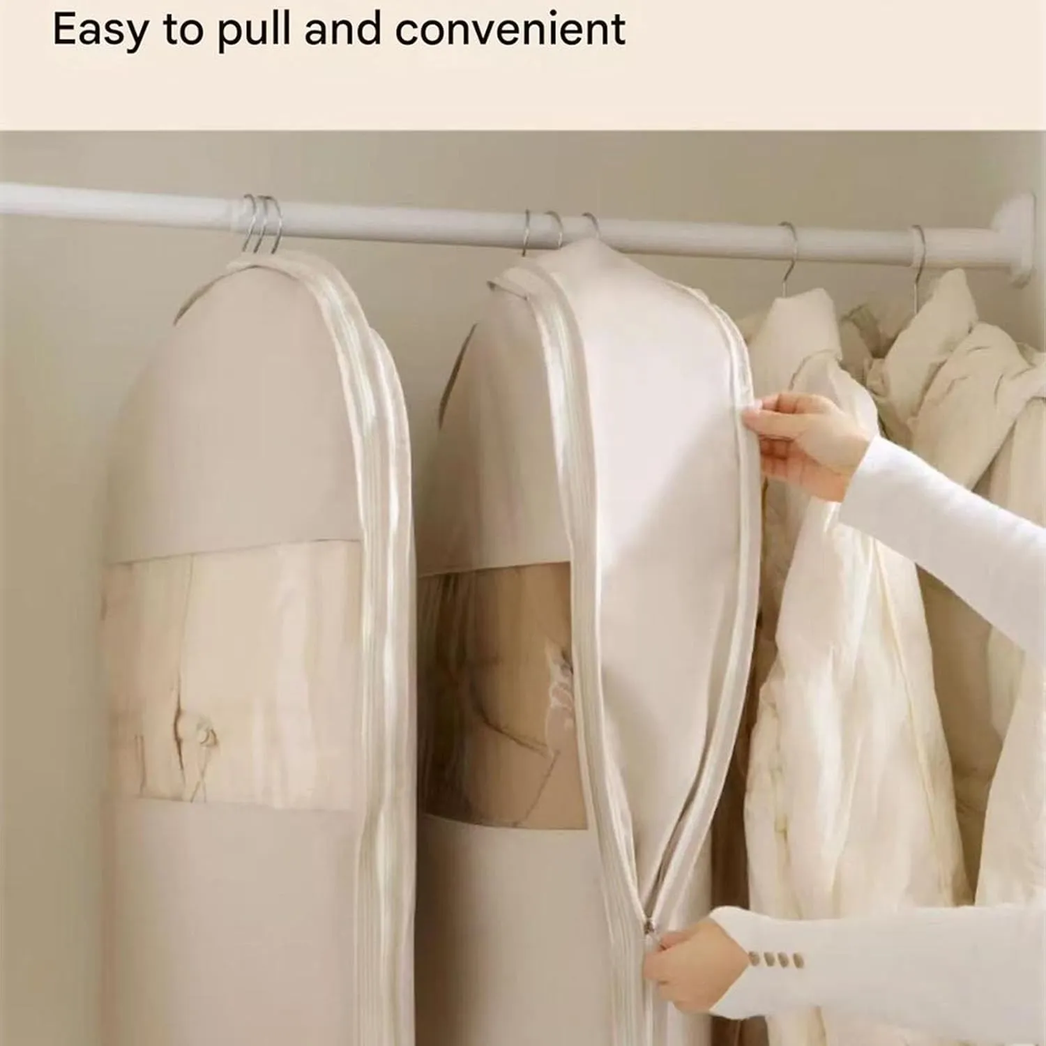 2025 Space Saving Hanging Garment Bag with Self Compression Zipper, Coat Storage Bag Hanging, Hanging Garment Bag, for Down Coat, For Closet Storage (Beige,M)