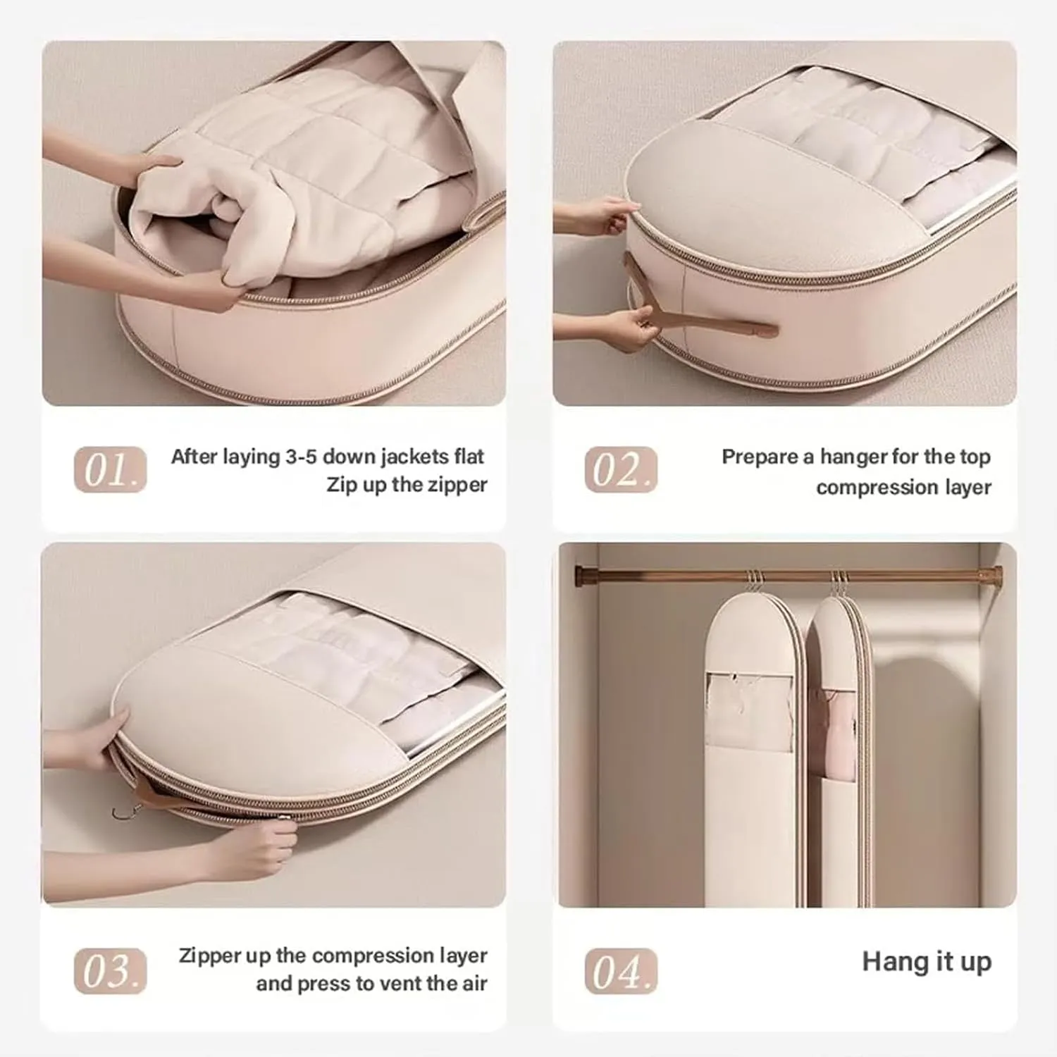 2025 Space Saving Hanging Garment Bag with Self Compression Zipper, Coat Storage Bag Hanging, Hanging Garment Bag, for Down Coat, For Closet Storage (Beige,M)