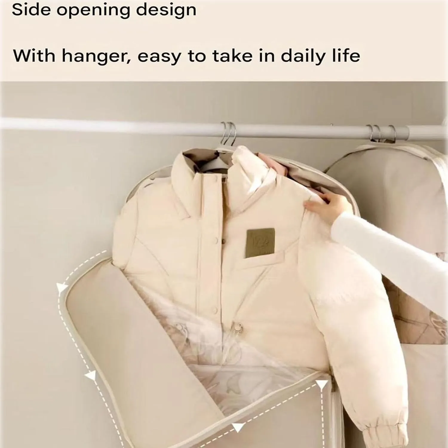 2025 Space Saving Hanging Garment Bag with Self Compression Zipper, Coat Storage Bag Hanging, Hanging Garment Bag, for Down Coat, For Closet Storage (Beige,M)