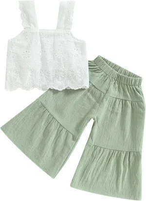 2PCS Baby Girl Sleeveless Strap Lace Crop Vest Tops   Flared Wide-Leg Pants Toddler Summer Outfits Set Clothes