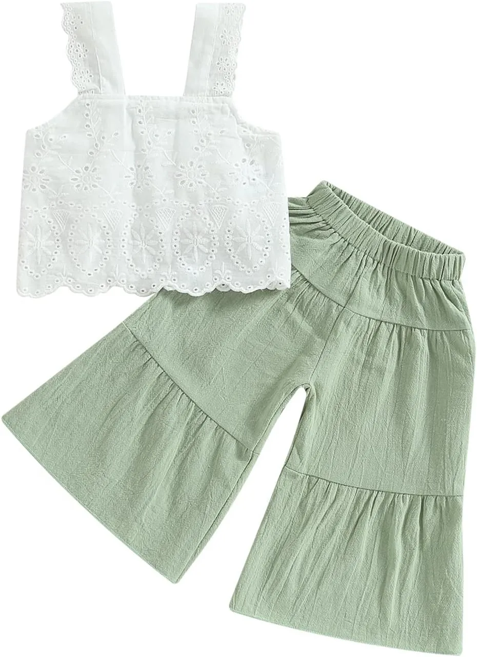 2PCS Baby Girl Sleeveless Strap Lace Crop Vest Tops   Flared Wide-Leg Pants Toddler Summer Outfits Set Clothes