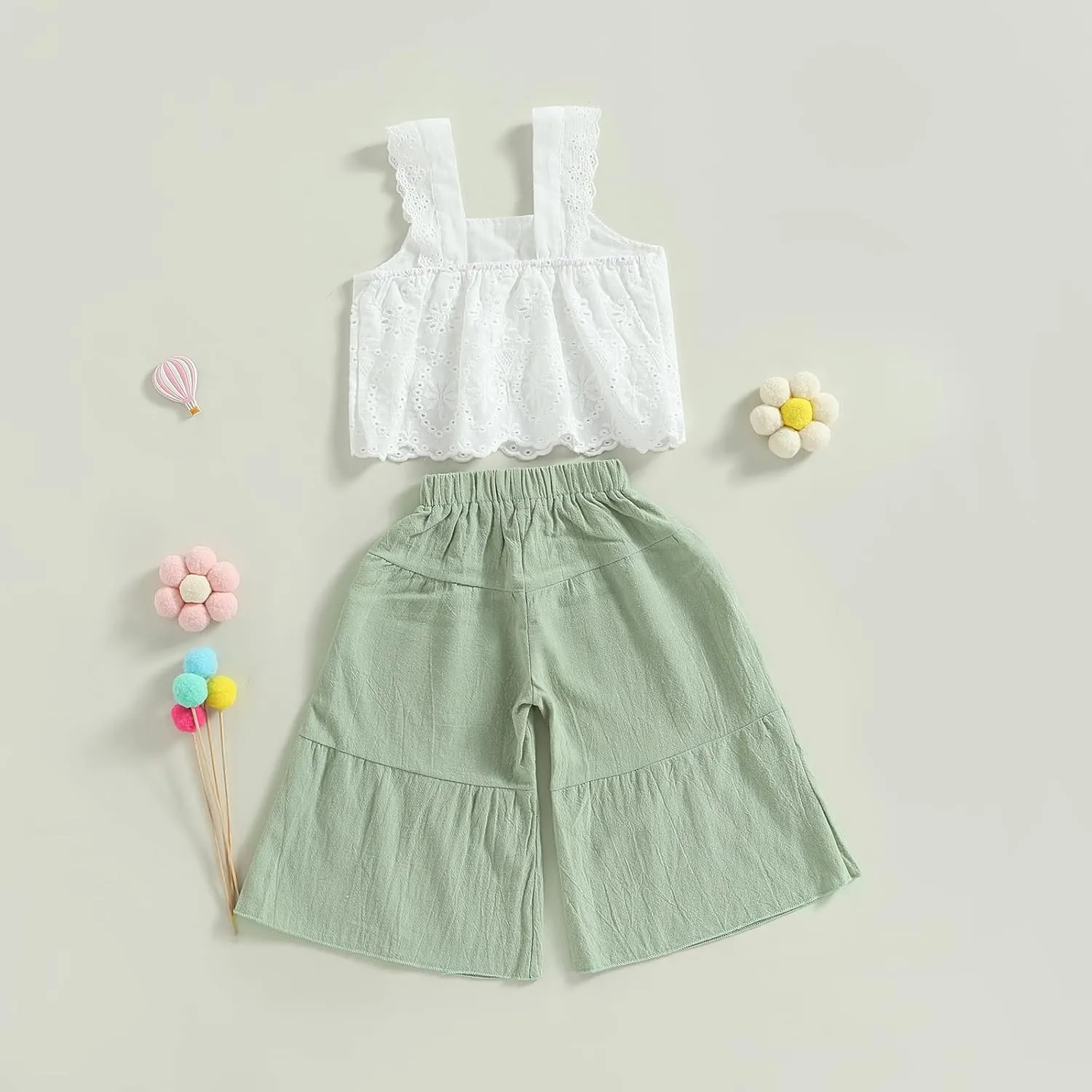 2PCS Baby Girl Sleeveless Strap Lace Crop Vest Tops   Flared Wide-Leg Pants Toddler Summer Outfits Set Clothes