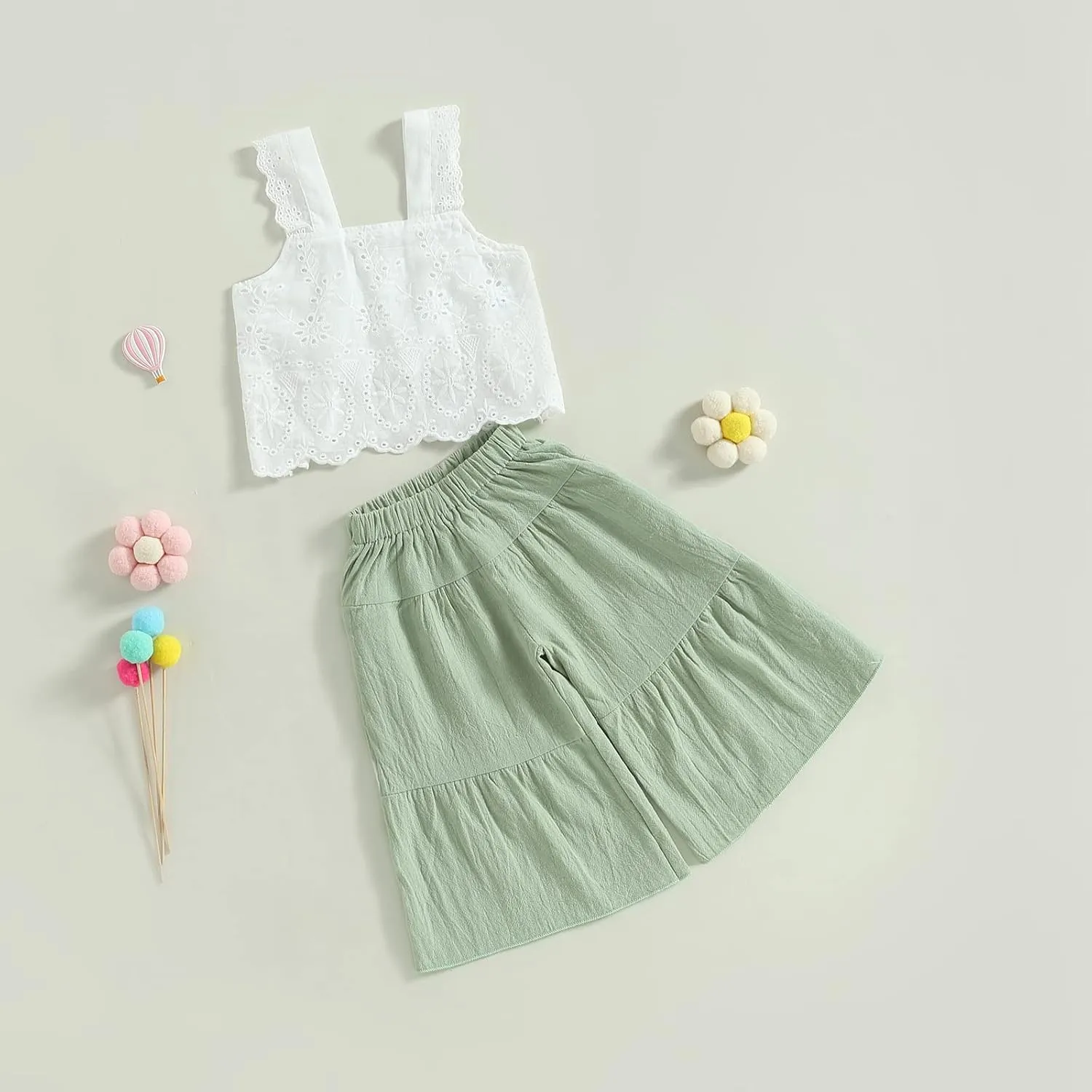 2PCS Baby Girl Sleeveless Strap Lace Crop Vest Tops   Flared Wide-Leg Pants Toddler Summer Outfits Set Clothes