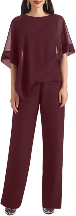 3 PCS Mother of The Bride Pant Suits 3 Pieces Chiffon Pant Suits for Women Dressy Wedding Guest
