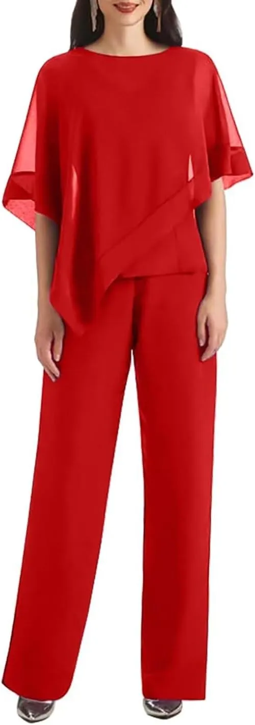 3 PCS Mother of The Bride Pant Suits 3 Pieces Chiffon Pant Suits for Women Dressy Wedding Guest