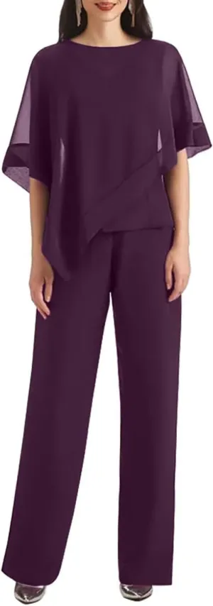3 PCS Mother of The Bride Pant Suits 3 Pieces Chiffon Pant Suits for Women Dressy Wedding Guest