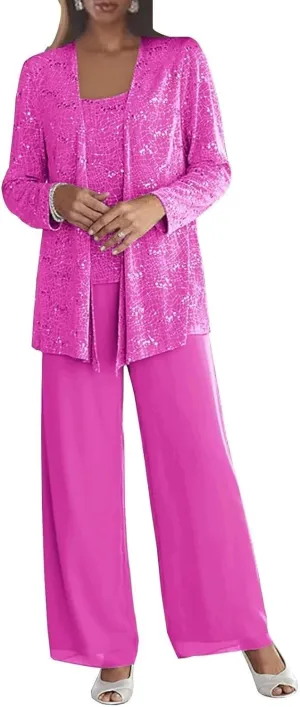 3 Pcs Pant Suit for Women Dressy Wedding Sparkly Sequins Long Sleeve Formal Outfit with Jacket
