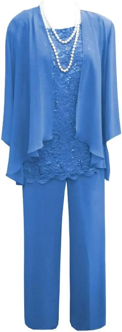 3 Pieces Christmas Pant Suits for Women Dressy Wedding Lace Chiffon Mother of The Bride Pant Suits for Women