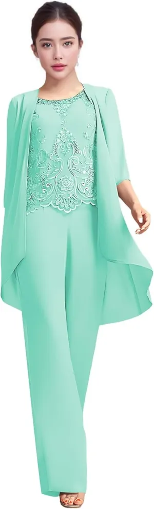 3 Pieces Mother of The Bride Pant Suits Chiffon Lace 3/4 Sleeve Pant Set Wedding Guest Outfits with Jacket