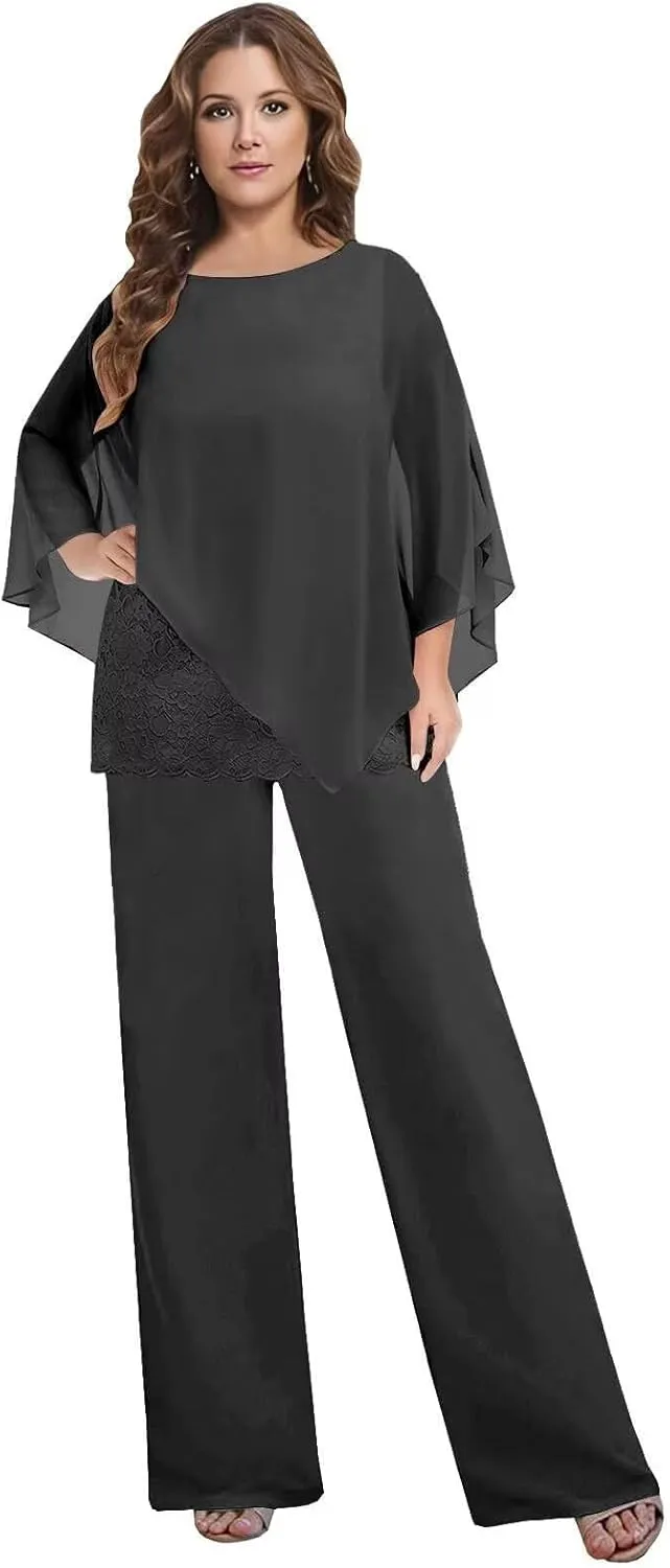 3 Pieces Mother of The Bride Pant Suits for Women Dressy Chiffon Lace Womens Formal Outfit
