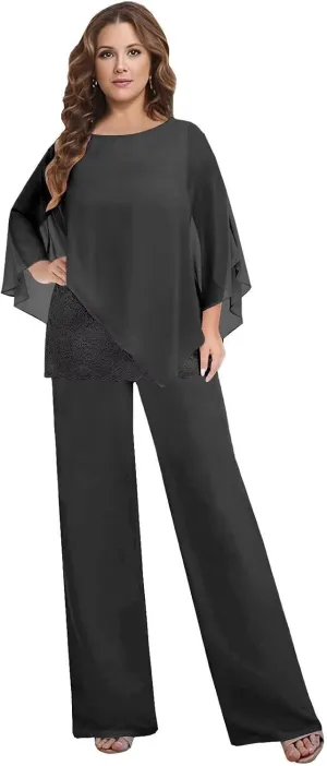 3 Pieces Mother of The Bride Pant Suits for Women Dressy Chiffon Lace Womens Formal Outfit