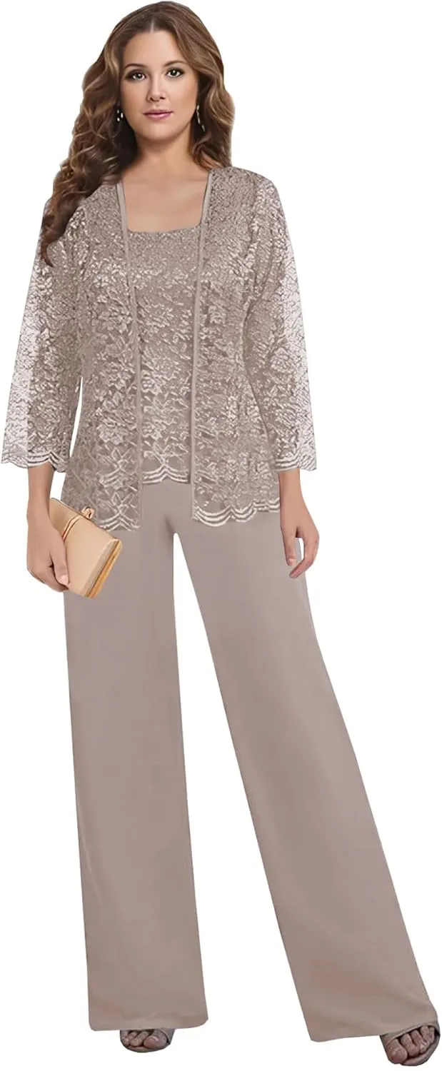 3 Pieces Mother of The Bride Pant Suits for Women Dressy with Jacket Lace Chiffon Long Sleeve Formal Wedding Outfit
