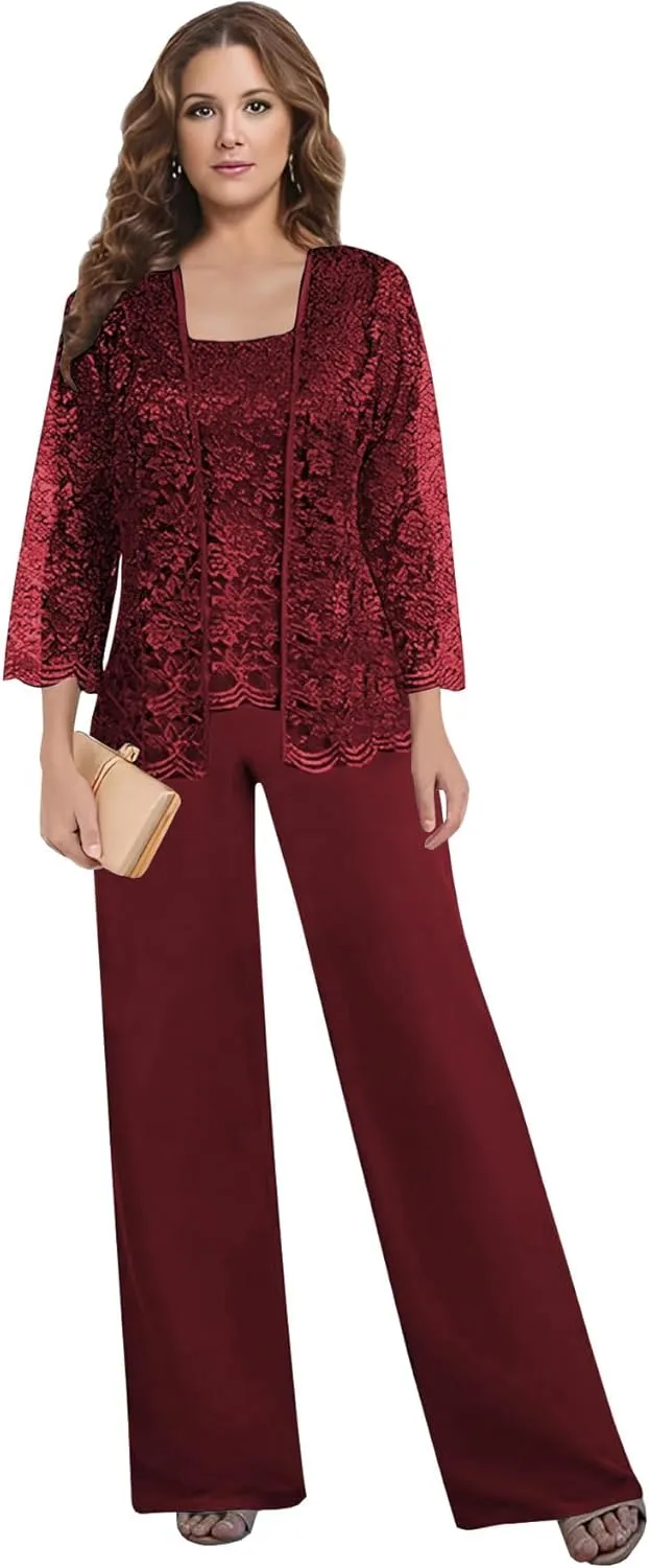 3 Pieces Mother of The Bride Pant Suits for Women Dressy with Jacket Lace Chiffon Long Sleeve Formal Wedding Outfit