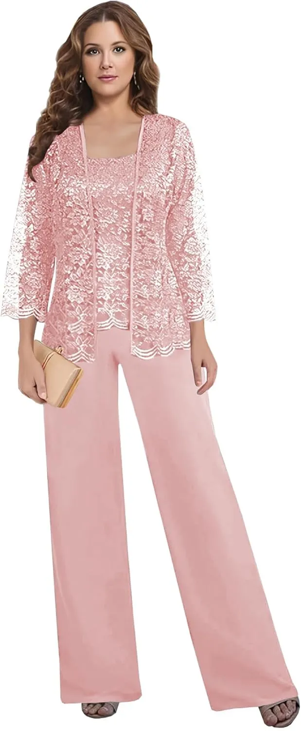 3 Pieces Mother of The Bride Pant Suits for Women Dressy with Jacket Lace Chiffon Long Sleeve Formal Wedding Outfit