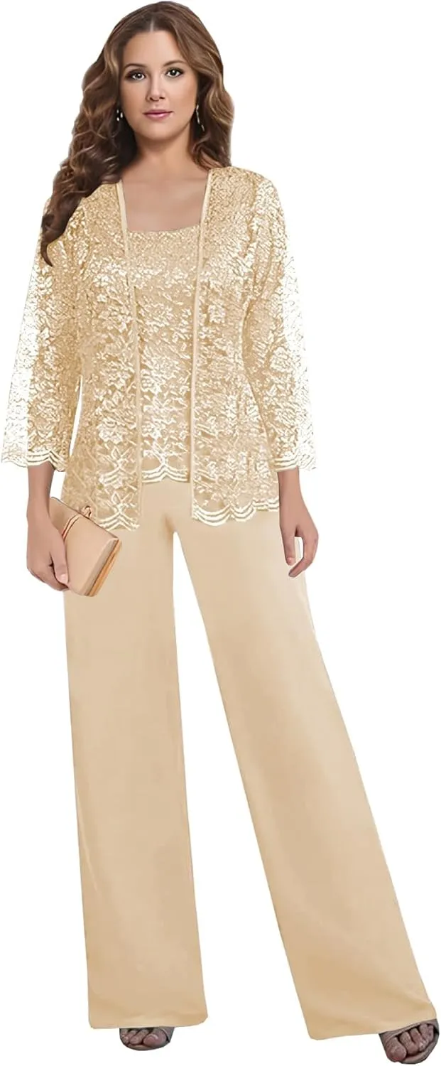 3 Pieces Mother of The Bride Pant Suits for Women Dressy with Jacket Lace Chiffon Long Sleeve Formal Wedding Outfit