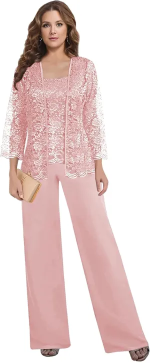 3 Pieces Mother of The Bride Pant Suits for Women Dressy with Jacket Lace Chiffon Long Sleeve Formal Wedding Outfit