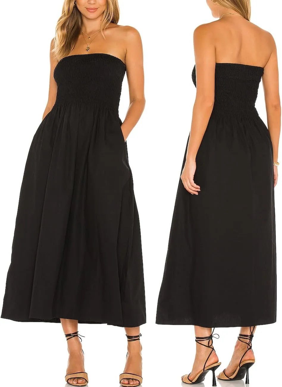 Aigeman Women Strapless Tube Maxi Dress Flowy Swing Long Sundress Sleeveless Summer Boho Beach Dress with Pokets 330