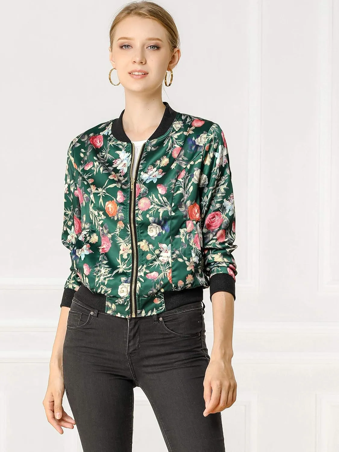 Allegra K Women's Bomber Jacket Long Sleeve Casual Coat Zipper Floral Print Outwear Tops Windbreaker with Pocket