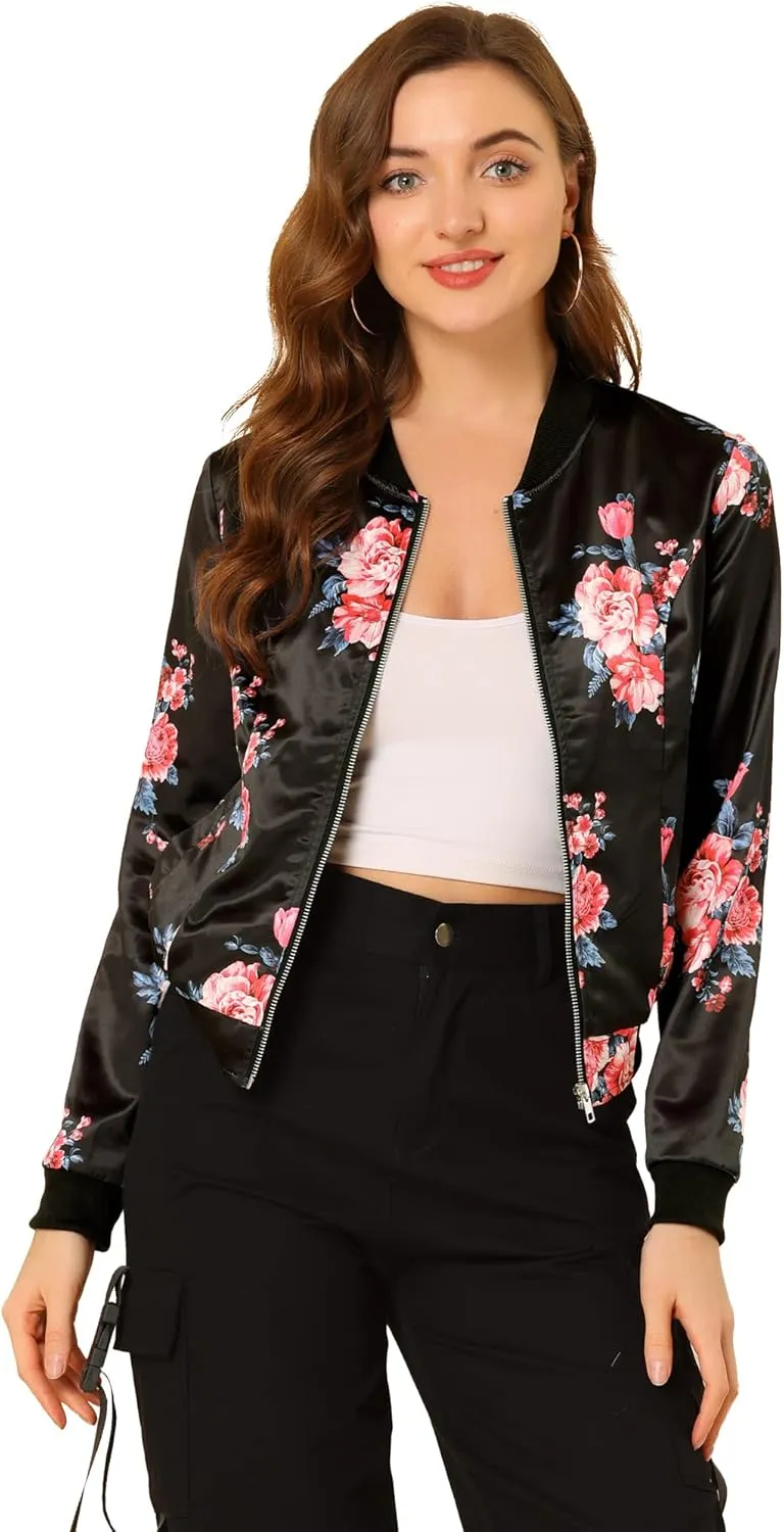 Allegra K Women's Bomber Jacket Long Sleeve Casual Coat Zipper Floral Print Outwear Tops Windbreaker with Pocket