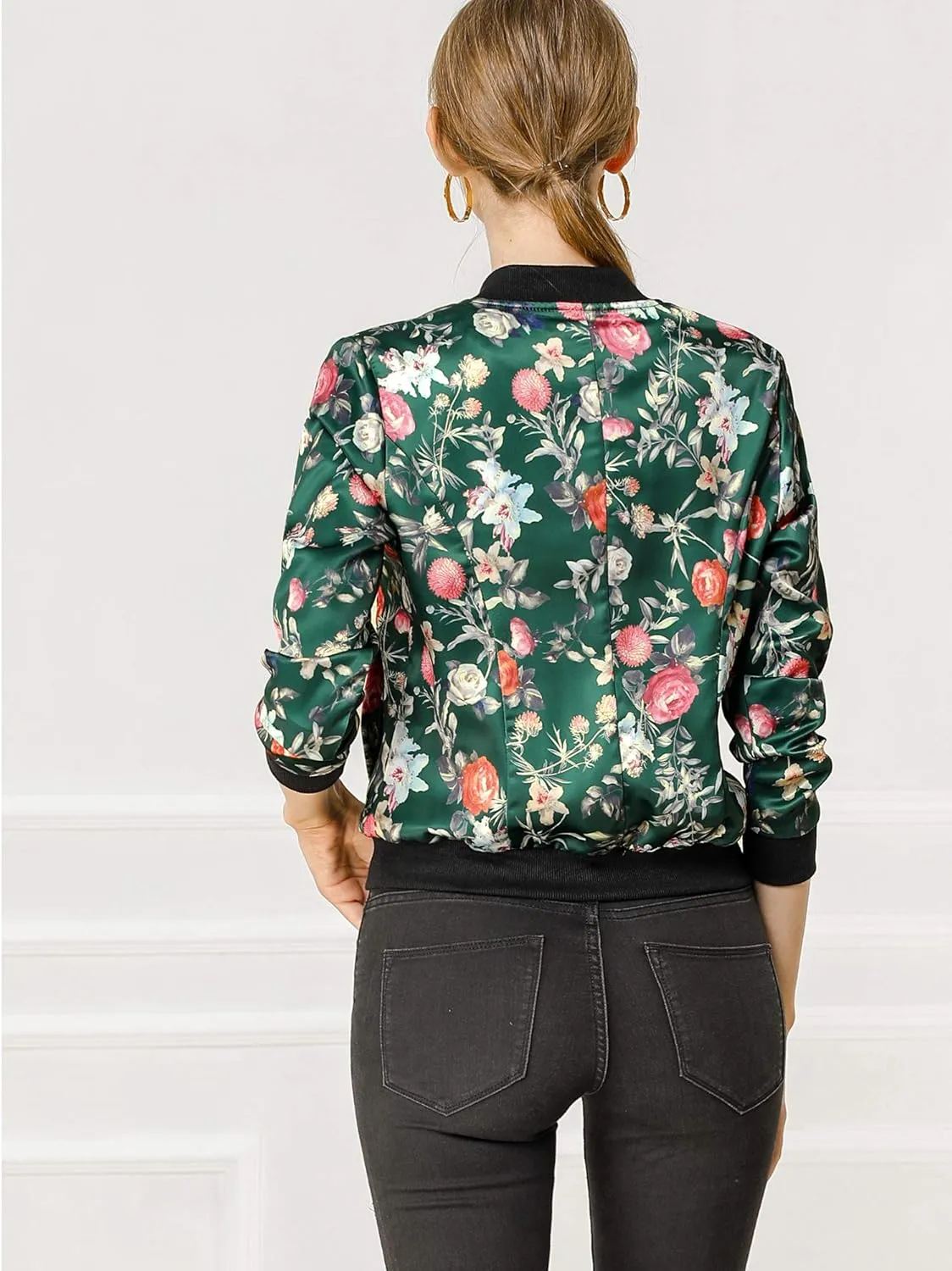 Allegra K Women's Bomber Jacket Long Sleeve Casual Coat Zipper Floral Print Outwear Tops Windbreaker with Pocket