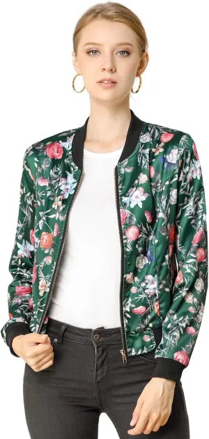 Allegra K Women's Bomber Jacket Long Sleeve Casual Coat Zipper Floral Print Outwear Tops Windbreaker with Pocket
