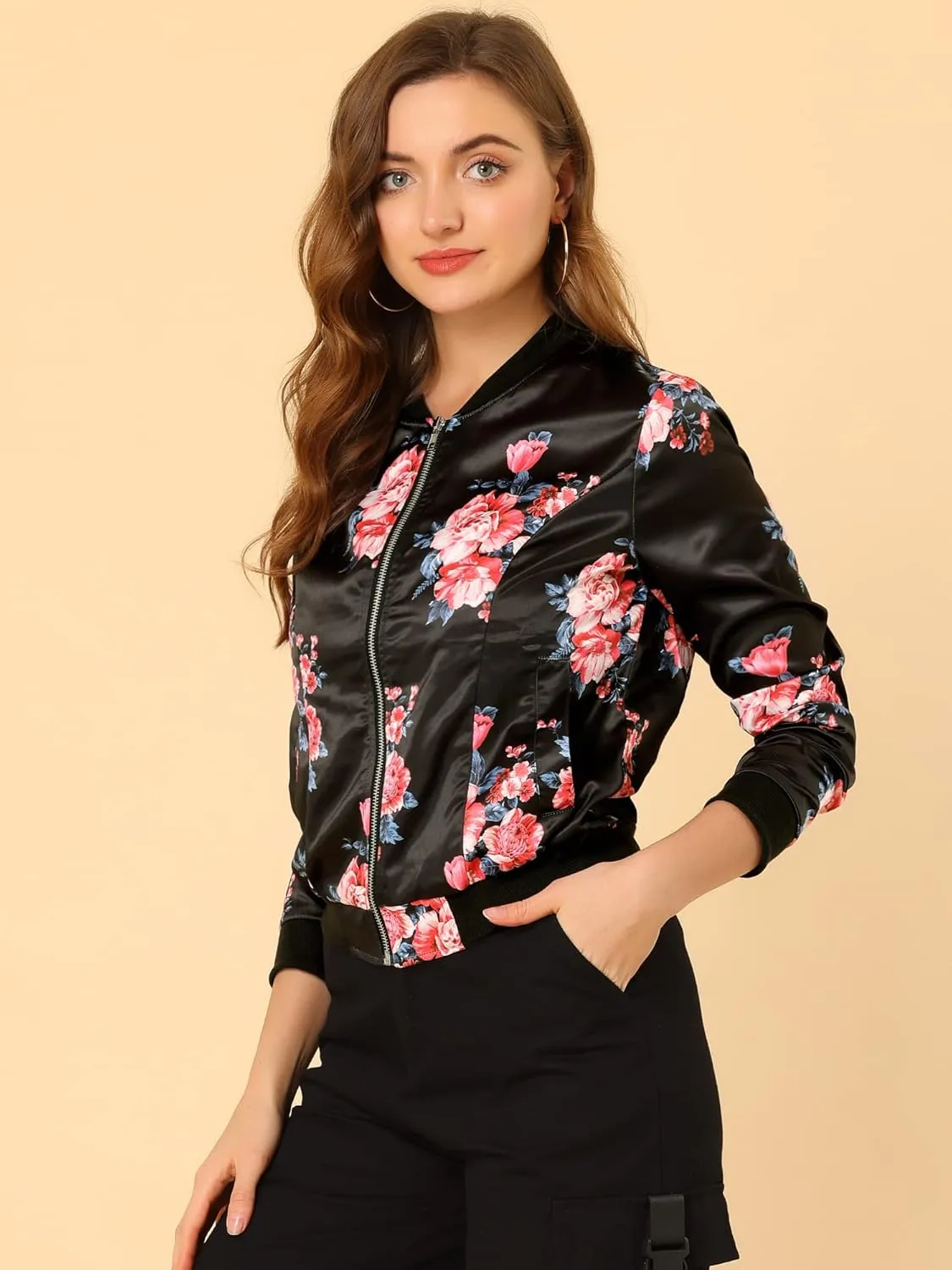 Allegra K Women's Bomber Jacket Long Sleeve Casual Coat Zipper Floral Print Outwear Tops Windbreaker with Pocket