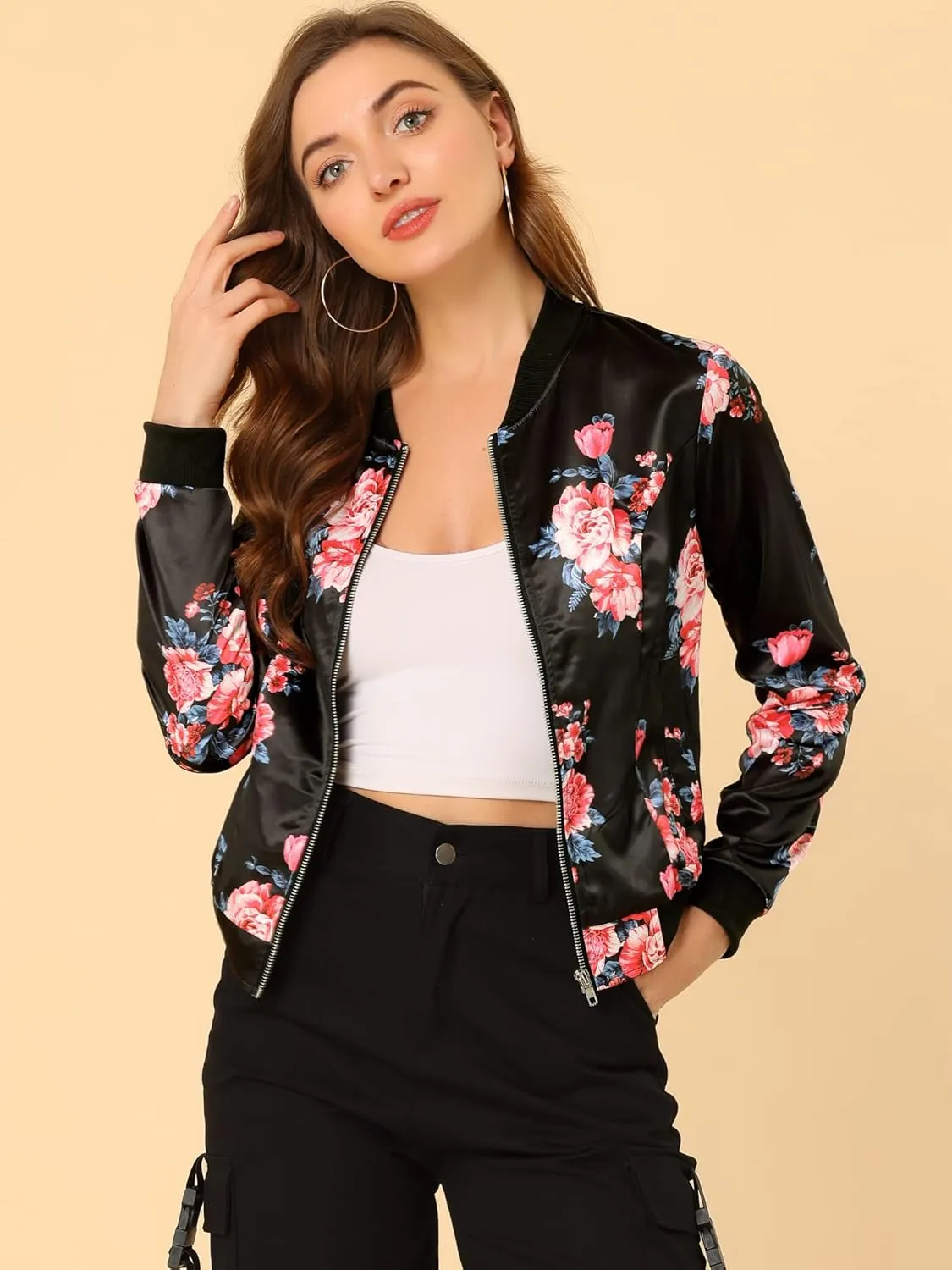 Allegra K Women's Bomber Jacket Long Sleeve Casual Coat Zipper Floral Print Outwear Tops Windbreaker with Pocket