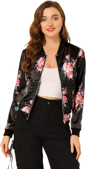 Allegra K Women's Bomber Jacket Long Sleeve Casual Coat Zipper Floral Print Outwear Tops Windbreaker with Pocket
