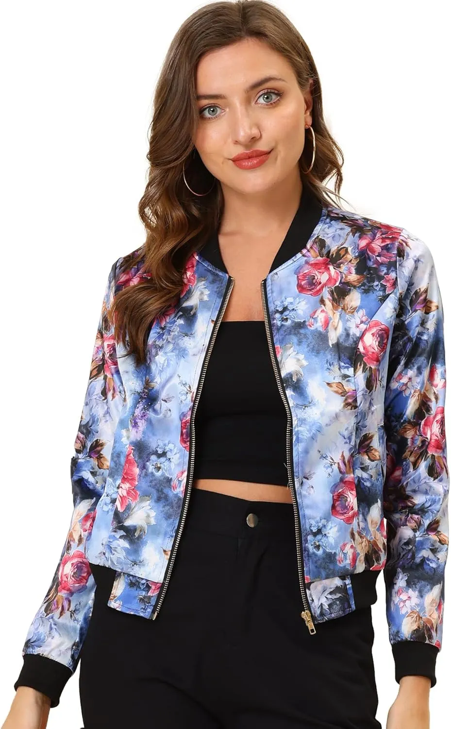 Allegra K Women's Bomber Jacket Long Sleeve Casual Coat Zipper Floral Print Outwear Tops Windbreaker with Pocket