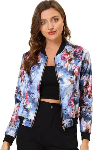 Allegra K Women's Bomber Jacket Long Sleeve Casual Coat Zipper Floral Print Outwear Tops Windbreaker with Pocket