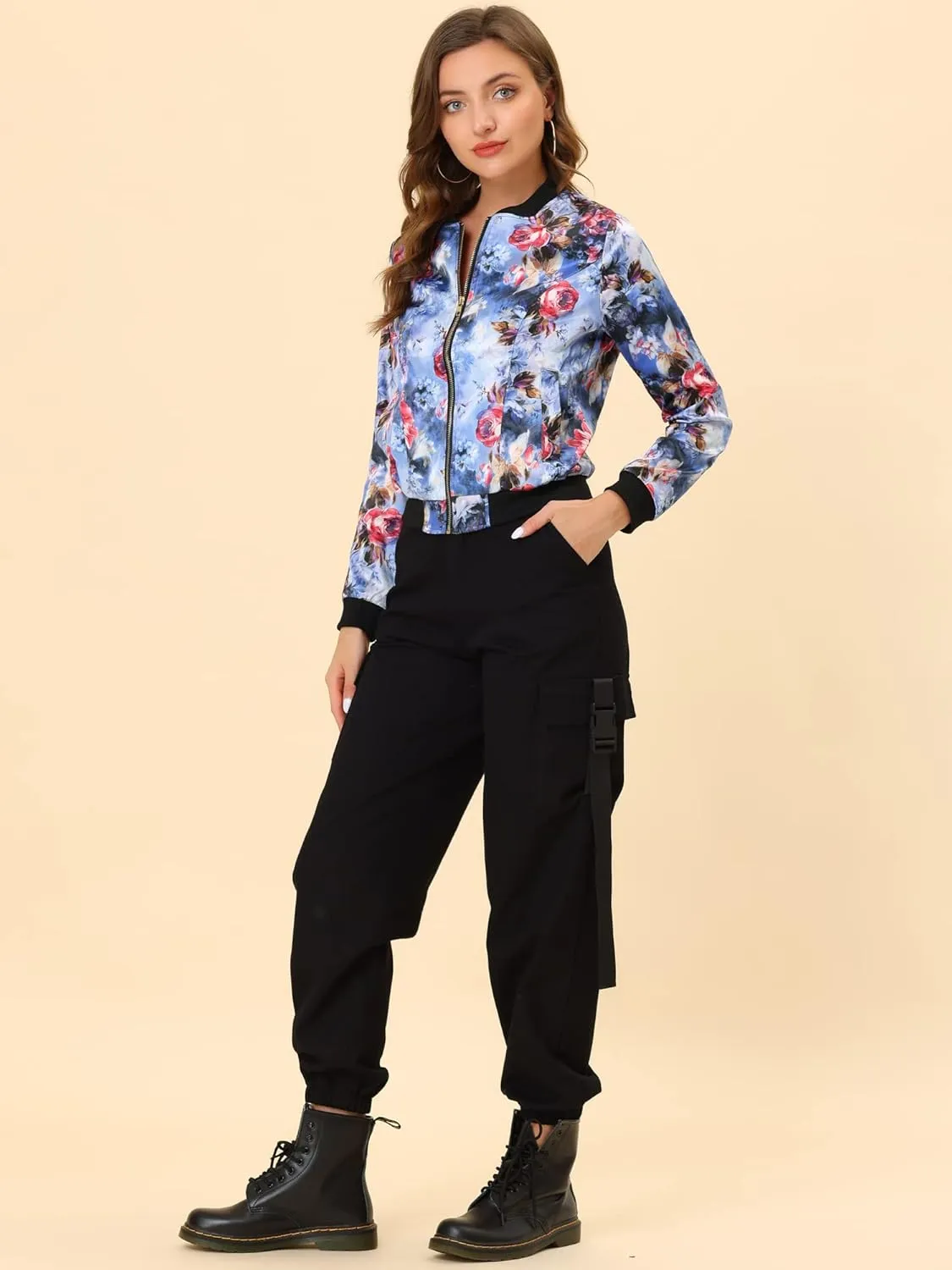 Allegra K Women's Bomber Jacket Long Sleeve Casual Coat Zipper Floral Print Outwear Tops Windbreaker with Pocket