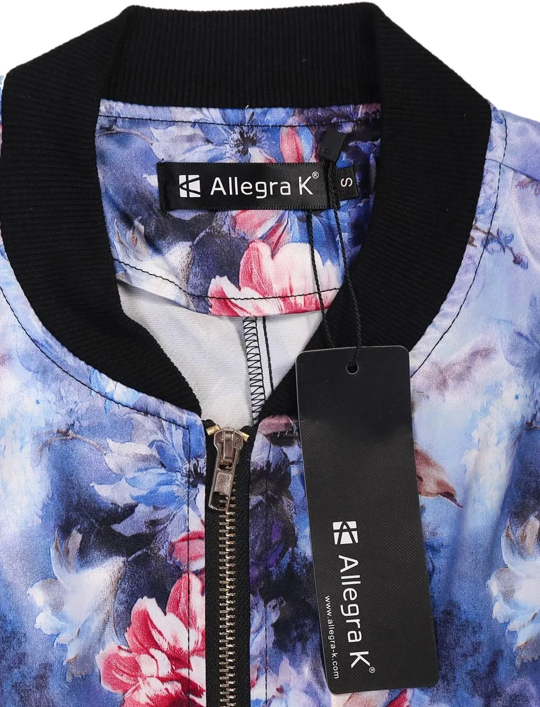 Allegra K Women's Bomber Jacket Long Sleeve Casual Coat Zipper Floral Print Outwear Tops Windbreaker with Pocket