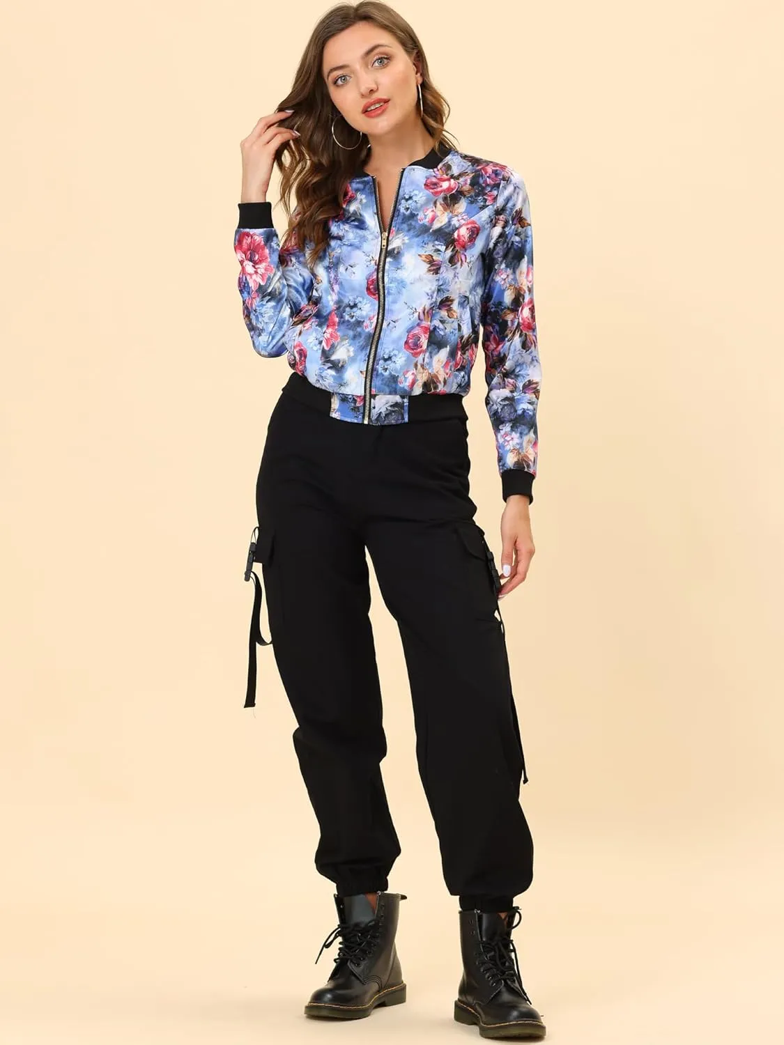 Allegra K Women's Bomber Jacket Long Sleeve Casual Coat Zipper Floral Print Outwear Tops Windbreaker with Pocket